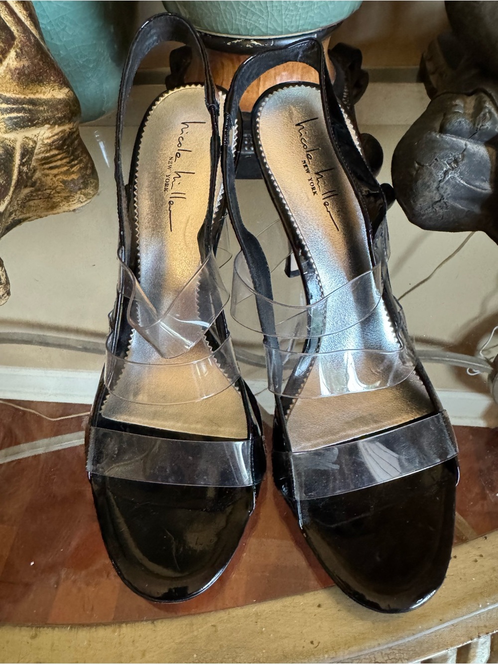Nicole Miller Black Patent Slingback Heels with Clear Straps